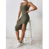 imageMakeMeChic Womens Ribbed Knit Tank Dress Square Neck Sleeveless Split Thigh Bodycon Midi DressesArmy Green
