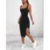 imageMakeMeChic Womens Ribbed Knit Tank Dress Square Neck Sleeveless Split Thigh Bodycon Midi DressesBlack