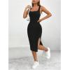 imageMakeMeChic Womens Ribbed Knit Tank Dress Square Neck Sleeveless Split Thigh Bodycon Midi DressesBlack