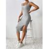 imageMakeMeChic Womens Ribbed Knit Tank Dress Square Neck Sleeveless Split Thigh Bodycon Midi DressesLight Grey