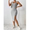 imageMakeMeChic Womens Ribbed Knit Tank Dress Square Neck Sleeveless Split Thigh Bodycon Midi DressesLight Grey