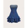 imageMakeMeChic Womens Ruched Bandeau Denim Mini Dress Bow Knot Ruffle Tiered DressesDark Wash
