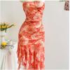 imageMakeMeChic Womens Summer Mesh Floral Strapless Tube Dress Asymmetrical Ruched Ruffle Bodycon Short DressesMulticolor