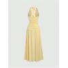 imageMakeMeChic Womens Tie Backless Halter Dress V Neck Ruched Party Maxi DressesYellow