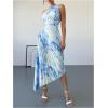 imageMakeMeChic Womens Tie Dye One Shoulder Dress Floral Asymmetrical Cut Out Drawstring Pleated Maxi DressesBlue