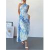 imageMakeMeChic Womens Tie Dye One Shoulder Dress Floral Asymmetrical Cut Out Drawstring Pleated Maxi DressesBlue