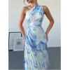 imageMakeMeChic Womens Tie Dye One Shoulder Dress Floral Asymmetrical Cut Out Drawstring Pleated Maxi DressesBlue