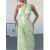imageMakeMeChic Womens Tie Dye One Shoulder Dress Floral Asymmetrical Cut Out Drawstring Pleated Maxi DressesGreen