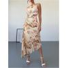 imageMakeMeChic Womens Tie Dye One Shoulder Dress Floral Asymmetrical Cut Out Drawstring Pleated Maxi DressesKhaki