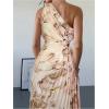 imageMakeMeChic Womens Tie Dye One Shoulder Dress Floral Asymmetrical Cut Out Drawstring Pleated Maxi DressesKhaki