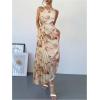 imageMakeMeChic Womens Tie Dye One Shoulder Dress Floral Asymmetrical Cut Out Drawstring Pleated Maxi DressesKhaki
