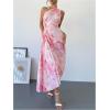 imageMakeMeChic Womens Tie Dye One Shoulder Dress Floral Asymmetrical Cut Out Drawstring Pleated Maxi DressesPink