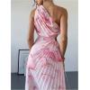 imageMakeMeChic Womens Tie Dye One Shoulder Dress Floral Asymmetrical Cut Out Drawstring Pleated Maxi DressesPink