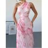 imageMakeMeChic Womens Tie Dye One Shoulder Dress Floral Asymmetrical Cut Out Drawstring Pleated Maxi DressesPink
