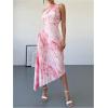 imageMakeMeChic Womens Tie Dye One Shoulder Dress Floral Asymmetrical Cut Out Drawstring Pleated Maxi DressesPink
