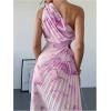 imageMakeMeChic Womens Tie Dye One Shoulder Dress Floral Asymmetrical Cut Out Drawstring Pleated Maxi DressesPurple