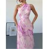 imageMakeMeChic Womens Tie Dye One Shoulder Dress Floral Asymmetrical Cut Out Drawstring Pleated Maxi DressesPurple