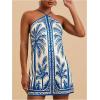 imageMakeMeChic Womens Tropical Print Halter Dress Tie Backless Spaghetti Strap Boho Short DressesBlue and White