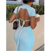 imageMakeMeChic Womens V Neck Collared Backless Dress Rib Knit Bodycon Maxi DressesBlue