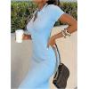 imageMakeMeChic Womens V Neck Collared Backless Dress Rib Knit Bodycon Maxi DressesBlue
