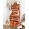 imageMakeMeChic Womens Vacation Striped Halter Dress Tie Open Back Fringe Bodycon Summer DressesOrange