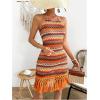 imageMakeMeChic Womens Vacation Striped Halter Dress Tie Open Back Fringe Bodycon Summer DressesOrange