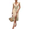 imageMakeMeChic Womens 2025 Summer Dress Boho Floral V Neck Ruffle Sleeve Midi Sundress High Waist Tie Bow Thigh Slit DressApricot