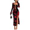 imageMakeMeChic Womens Elegant Floral Maxi Dress Cut Out Metal Sweetheart Long Sleeve Split Bodycon DressesMulticolor