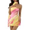 imageMakeMeChic Womens Mesh Tie Dye One Shoulder Mini Dress Backless Y2k Summer Dresses with ScarfYellow and Pink