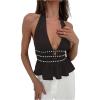 imageMakeMeChic Womens Metal Halter Tops Open Back Ruffle Hem Sleeveless Tank ClubwearBrown