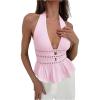 imageMakeMeChic Womens Metal Halter Tops Open Back Ruffle Hem Sleeveless Tank ClubwearPink