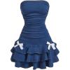 imageMakeMeChic Womens Ruched Bandeau Denim Mini Dress Bow Knot Ruffle Tiered DressesDark Wash