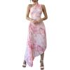imageMakeMeChic Womens Tie Dye One Shoulder Dress Floral Asymmetrical Cut Out Drawstring Pleated Maxi DressesPink