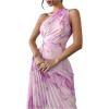 imageMakeMeChic Womens Tie Dye One Shoulder Dress Floral Asymmetrical Cut Out Drawstring Pleated Maxi DressesPurple