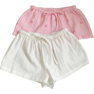 imageMakeMeChic Womens 2 Pack Linen Shorts Summer Beach Pajama Boxer ShortsBow Pink White