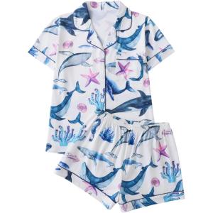 imageMakeMeChic Womens 2 Piece Pajama Set Graphic Short Sleeve Button Down Shirt and Shorts Set SleepwearBlue Whale Patterned