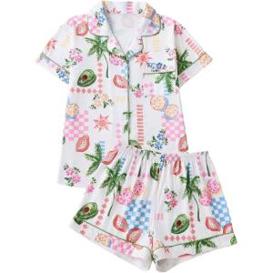 imageMakeMeChic Womens 2 Piece Pajama Set Graphic Short Sleeve Button Down Shirt and Shorts Set SleepwearMulticolor D