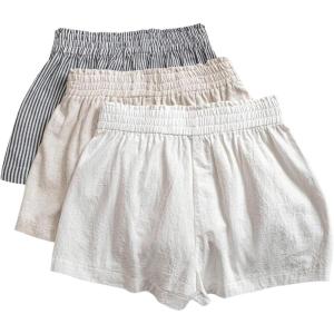 imageMakeMeChic Womens 3 Pack Linen Shorts Summer Comfy Sleep Pajama Boxer ShortsStriped Grey Apricot White