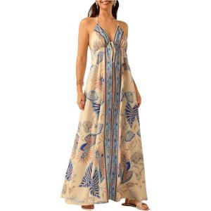 imageMakeMeChic Womens Boho Print Halter Dress Deep V Neck Open Back Summer Maxi DressesMulticolor