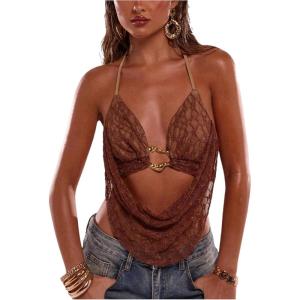 imageMakeMeChic Womens Crochet Halter Top Tie Open Back Metal Ring Draped Front Y2k Rave Festival TopsKhaki