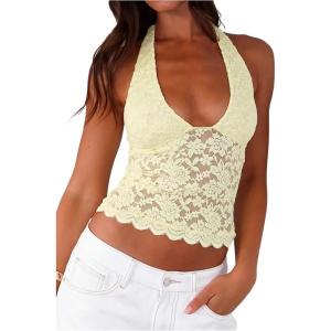 imageMakeMeChic Womens Halter Tops Mesh Lace Sexy Cute Summer Crop Tank TopYellow