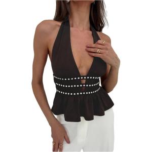 imageMakeMeChic Womens Metal Halter Tops Open Back Ruffle Hem Sleeveless Tank ClubwearBrown