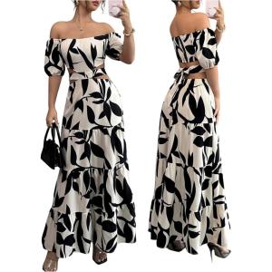 imageMakeMeChic Womens Off The Shoulder Maxi Dress Cut Out Backless Ruffle Short Sleeve Shirred Summer DressesMulticolor