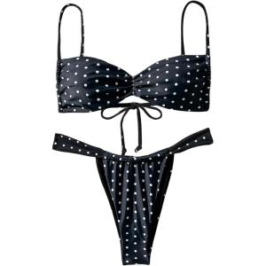 imageMakeMeChic Womens Polka Dots Bikini Set Tie Back Thong Summer Bathing Suit SwimsuitBlack