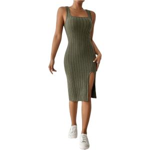 imageMakeMeChic Womens Ribbed Knit Tank Dress Square Neck Sleeveless Split Thigh Bodycon Midi DressesArmy Green