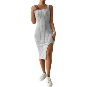 imageMakeMeChic Womens Ribbed Knit Tank Dress Square Neck Sleeveless Split Thigh Bodycon Midi DressesLight Grey