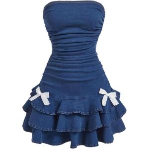 imageMakeMeChic Womens Ruched Bandeau Denim Mini Dress Bow Knot Ruffle Tiered DressesDark Wash
