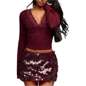imageMakeMeChic Womens Sequin Sparkly Skirt Mini Micro Glitter Y2k Low Rise Summer SkirtBurgundy D