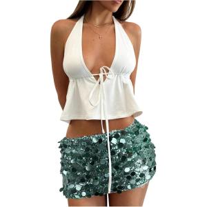 imageMakeMeChic Womens Sequin Sparkly Skirt Mini Micro Glitter Y2k Low Rise Summer SkirtDark Green