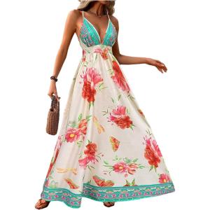 imageMakeMeChic Womens Summer Blue and White Floral Dress Boho Backless Maxi Sundress Spaghetti Strap Flowy DressApricot D